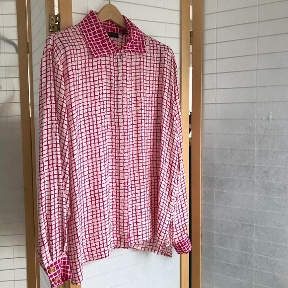 Jerri Sherman Tops - sz 8 VTG 100% silk blouse long Sl pink windowpane